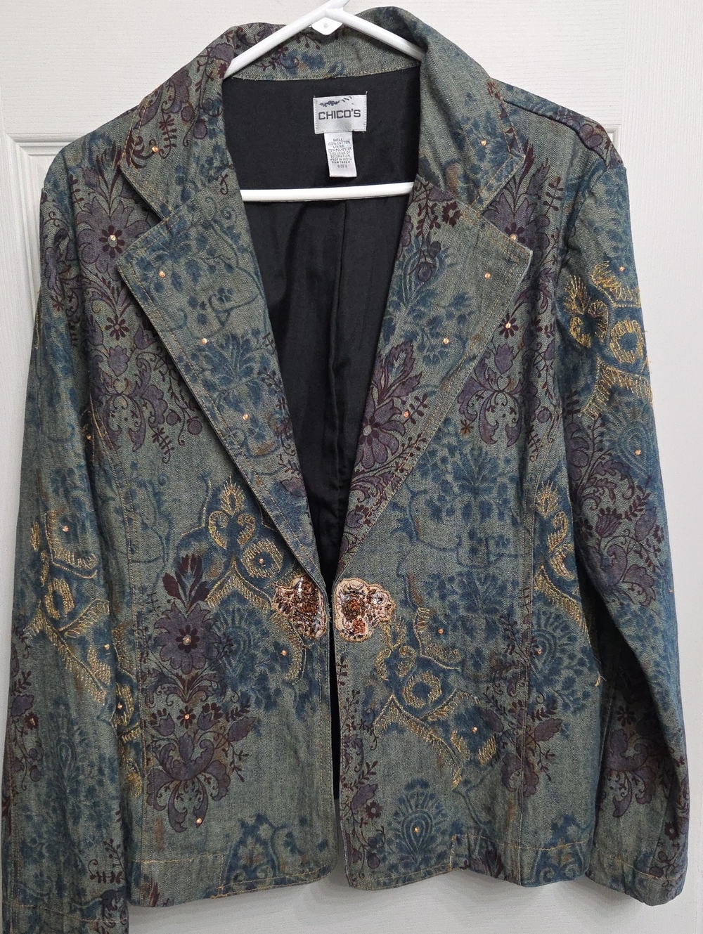 Chico's Teal & Purple Embroidered Floral Blazer with Gold Accents